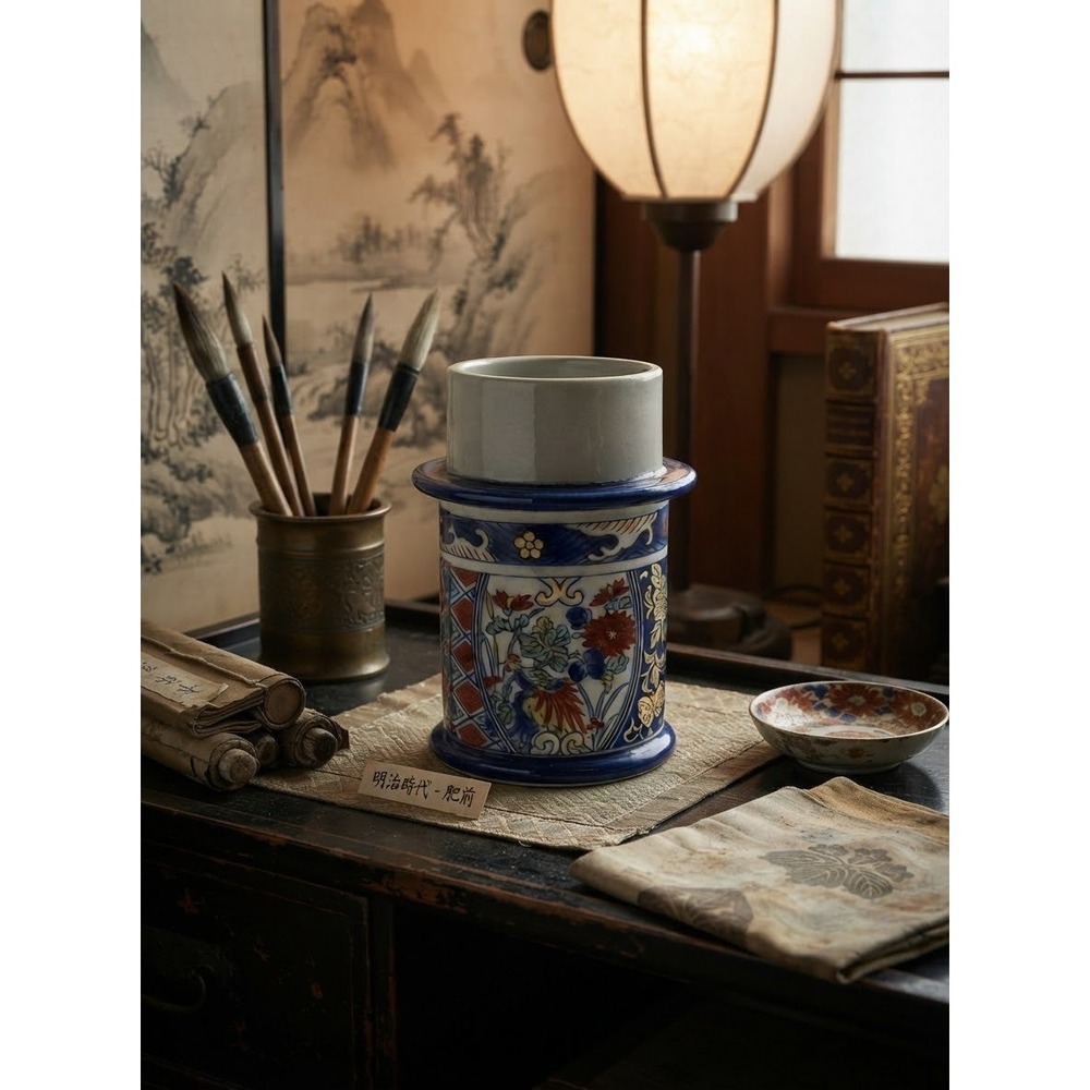 Japanese Imari Porcelain Candle Holder Phoenix Floral Hand Painted Blue Red 5"